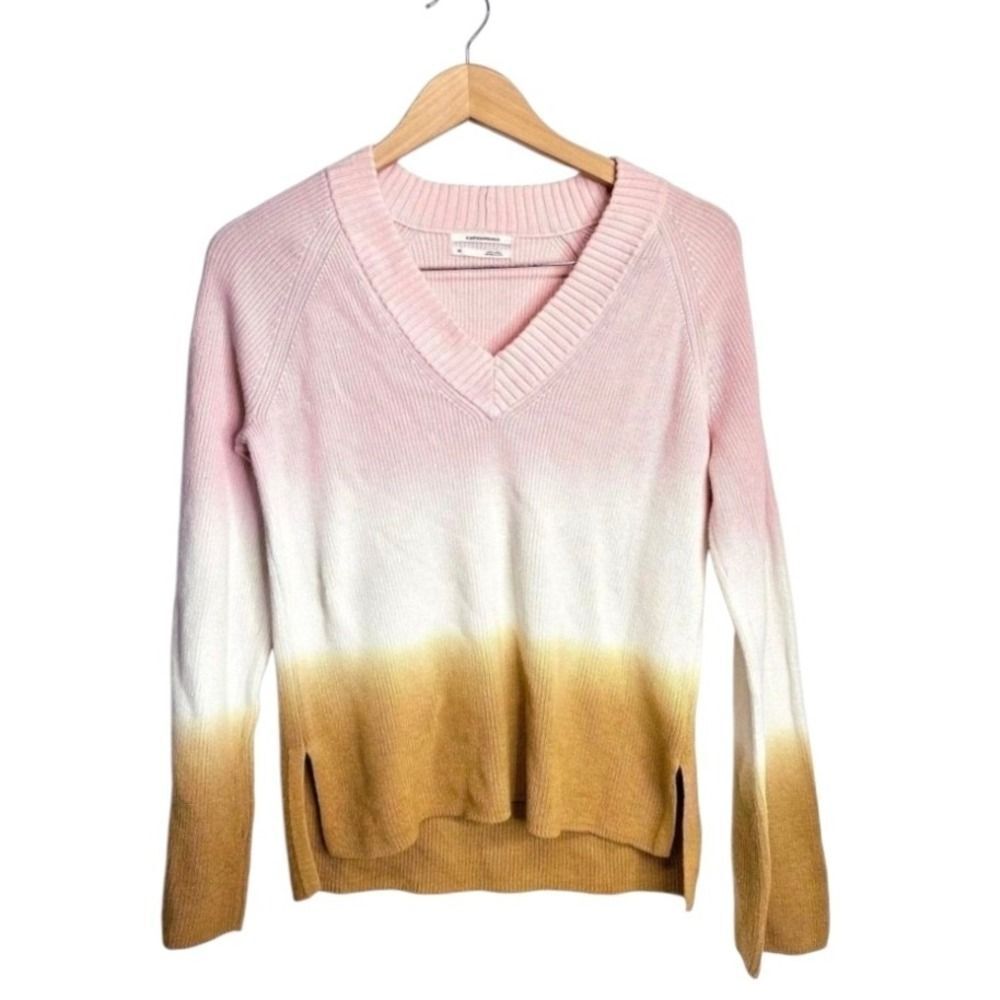 Anthropologie Sweater XS Pink White Gold Ombre V Neck Long Sleeve Knit